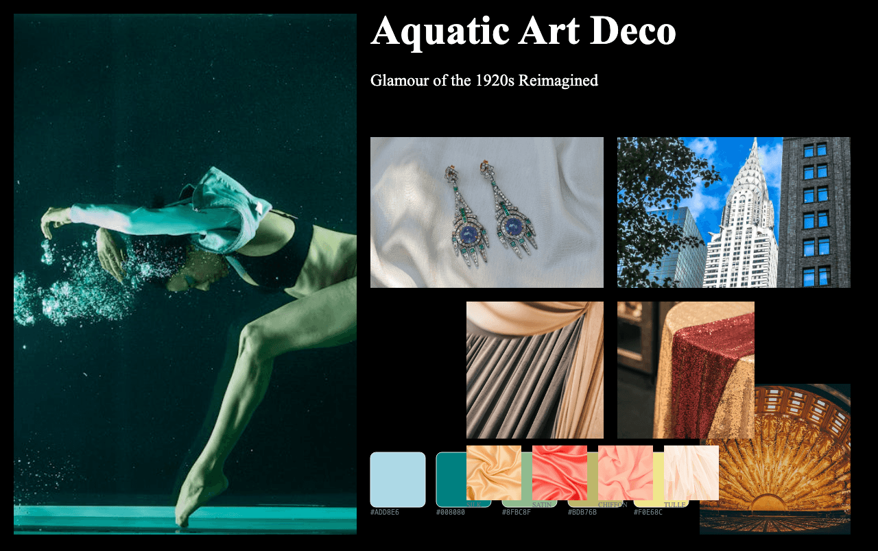 Complete Aquatic Art Deco moodboard layout with reference images and color palette