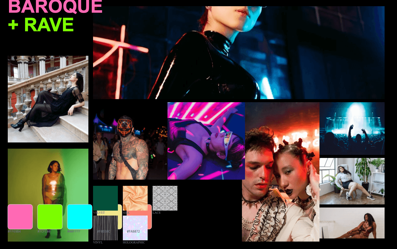 Complete Baroque Rave moodboard layout with reference images and color palette