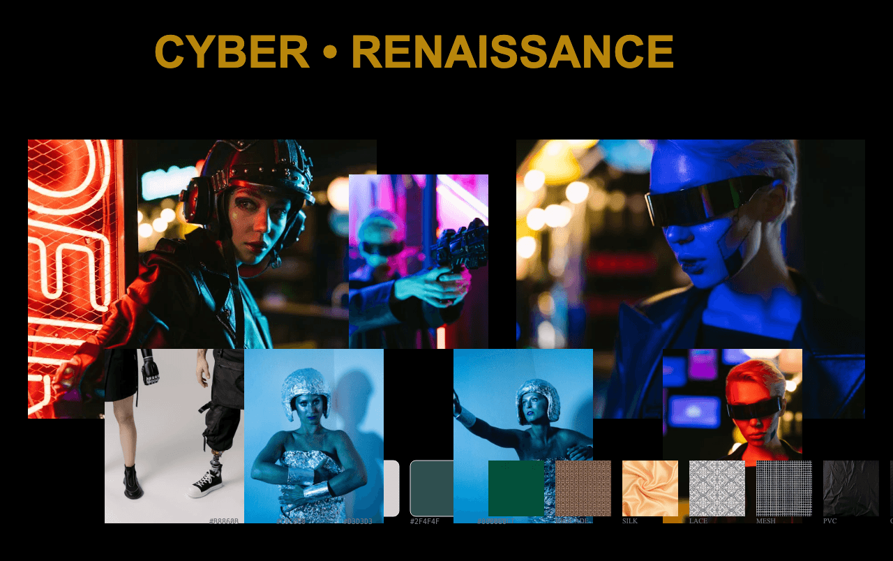 Complete Cyber Renaissance Fashion moodboard layout with reference images and color palette