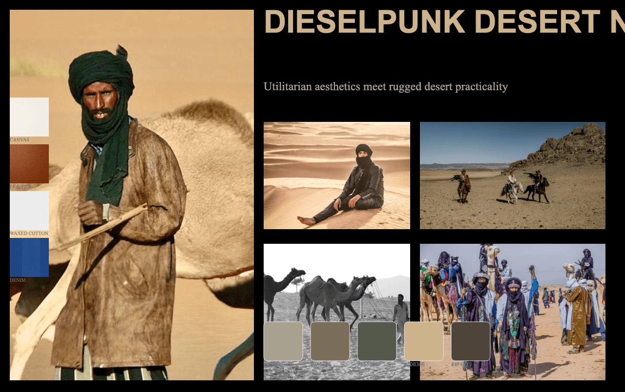 Complete Dieselpunk Desert Nomad moodboard layout with reference images and color palette