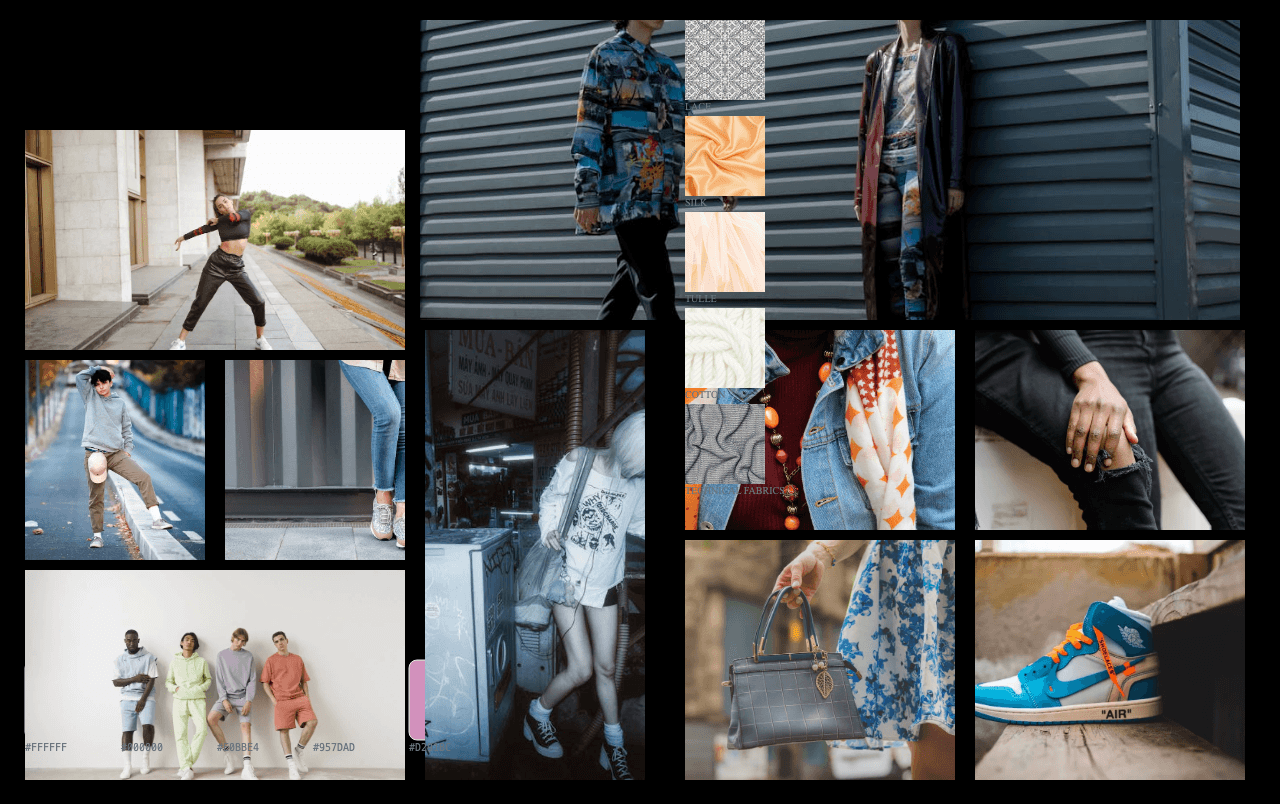 Complete Neo-Romantic Streetwear moodboard layout with reference images and color palette