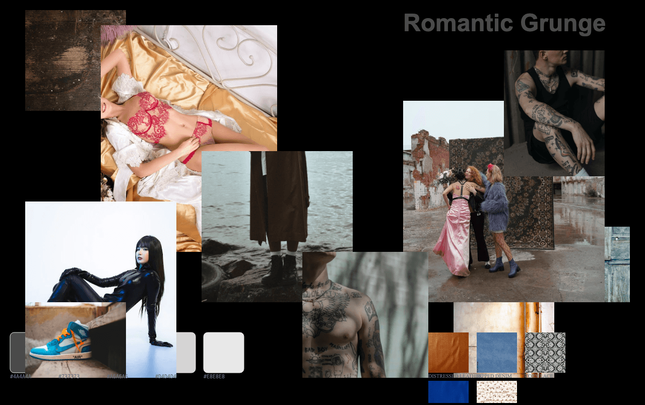 Complete Romantic Grunge moodboard layout with reference images and color palette