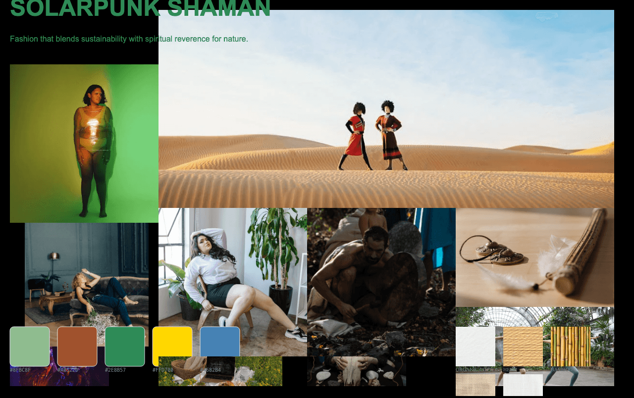 Complete Solarpunk Shaman moodboard layout with reference images and color palette