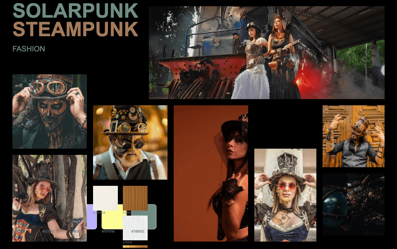 Complete Solarpunk Steampunk moodboard layout with reference images and color palette