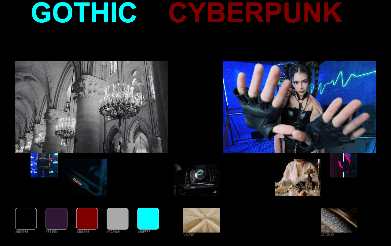 Complete Gothic Cyberpunk moodboard layout with reference images and color palette
