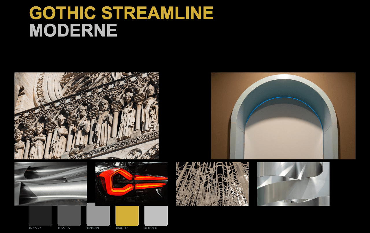Complete Gothic Streamline Moderne moodboard layout with reference images and color palette