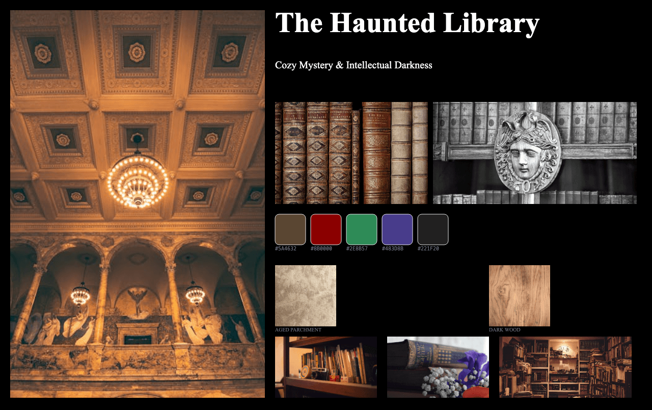 Complete Haunted Library Aesthetic moodboard layout with reference images and color palette