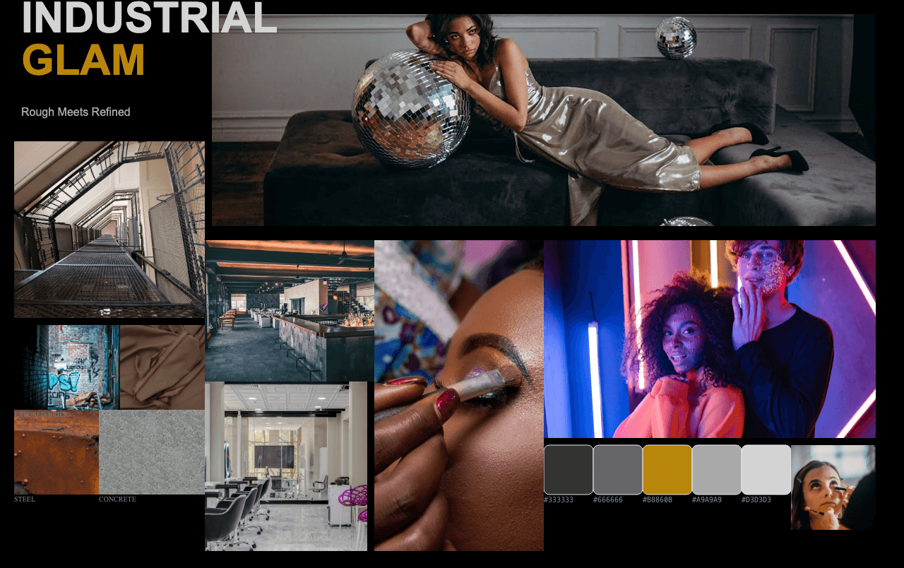 Complete Industrial Glam moodboard layout with reference images and color palette