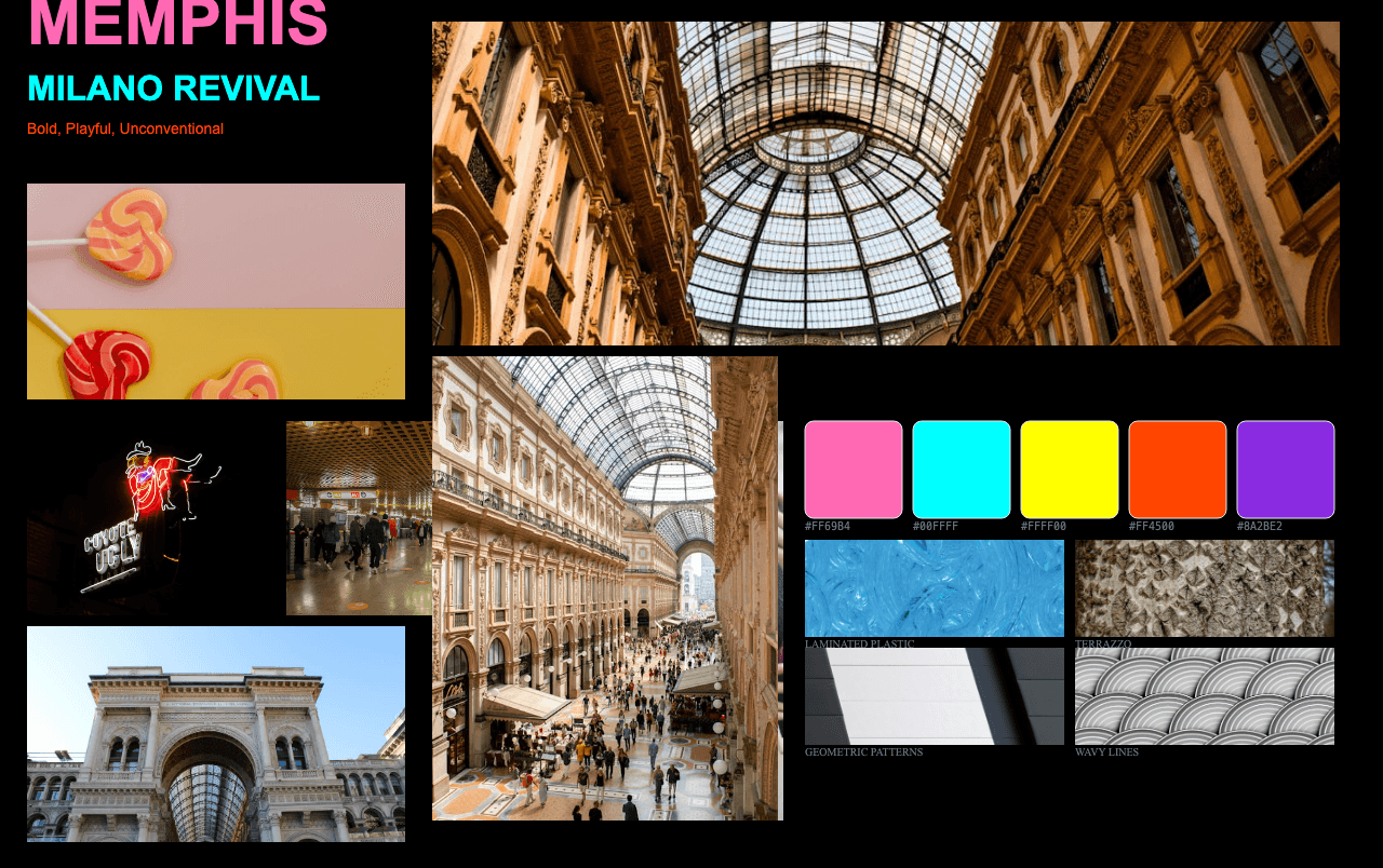 Complete Memphis Milano Revival moodboard layout with reference images and color palette