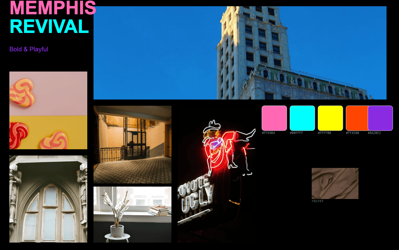Complete Memphis Revival moodboard layout with reference images and color palette