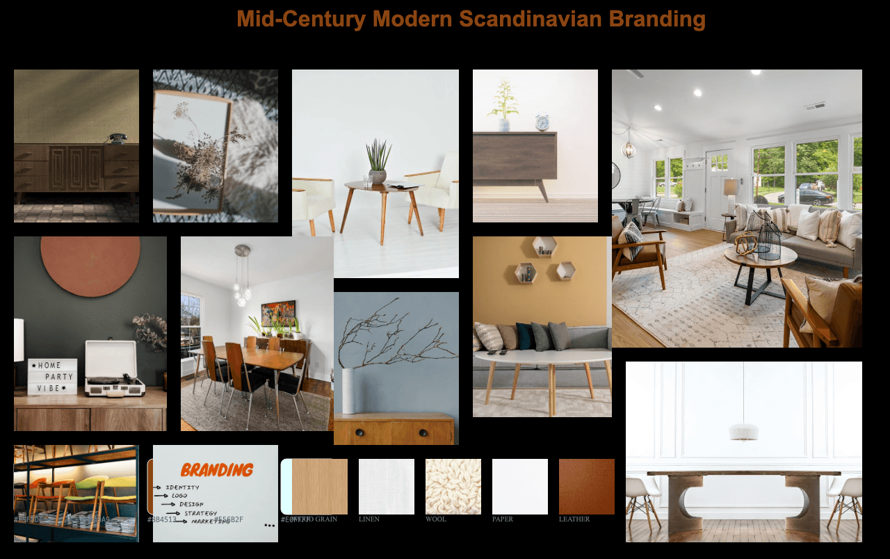 Complete Mid-Century Modern Scandinavian moodboard layout with reference images and color palette