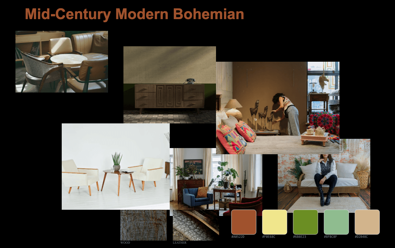 Complete Mid-Century Modern Bohemian moodboard layout with reference images and color palette