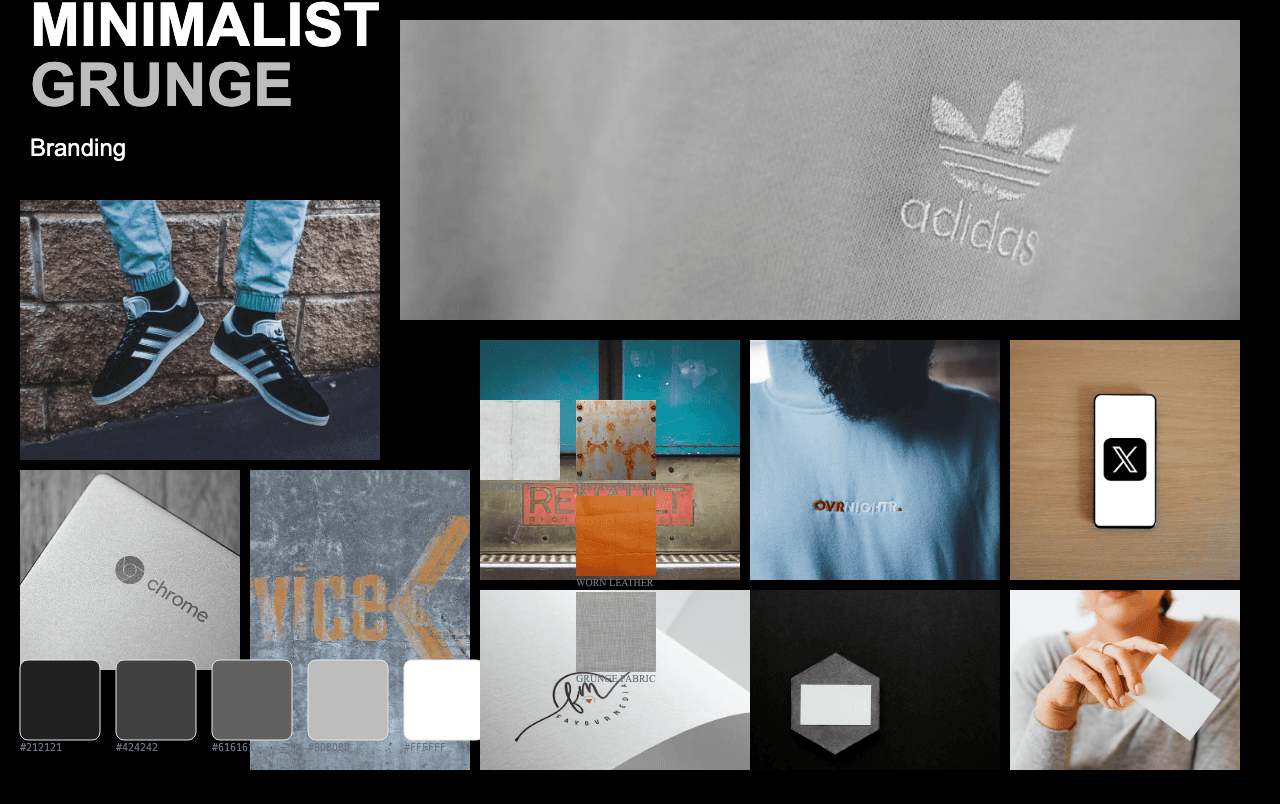 Complete Minimalist Grunge moodboard layout with reference images and color palette