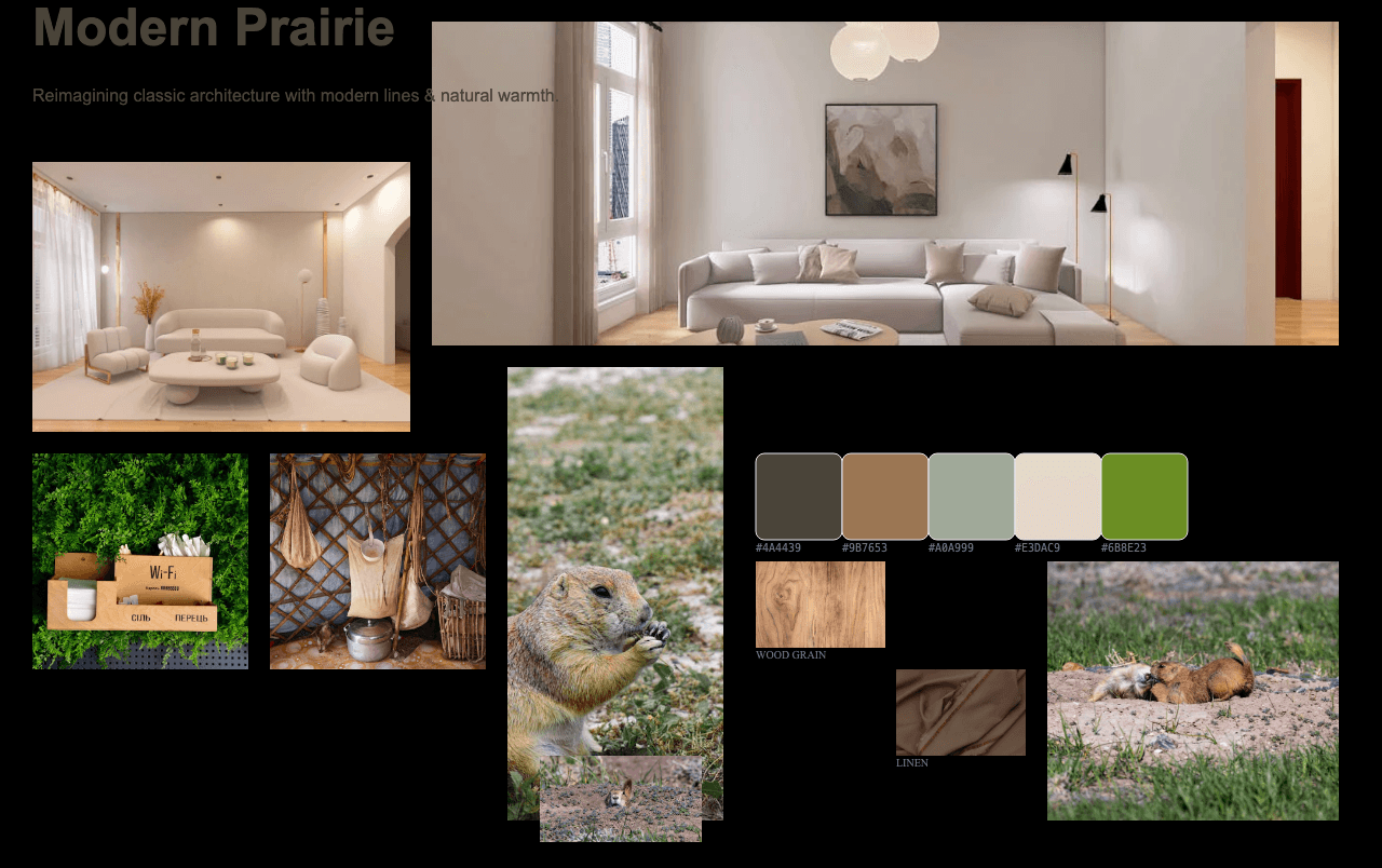 Complete Modern Prairie moodboard layout with reference images and color palette