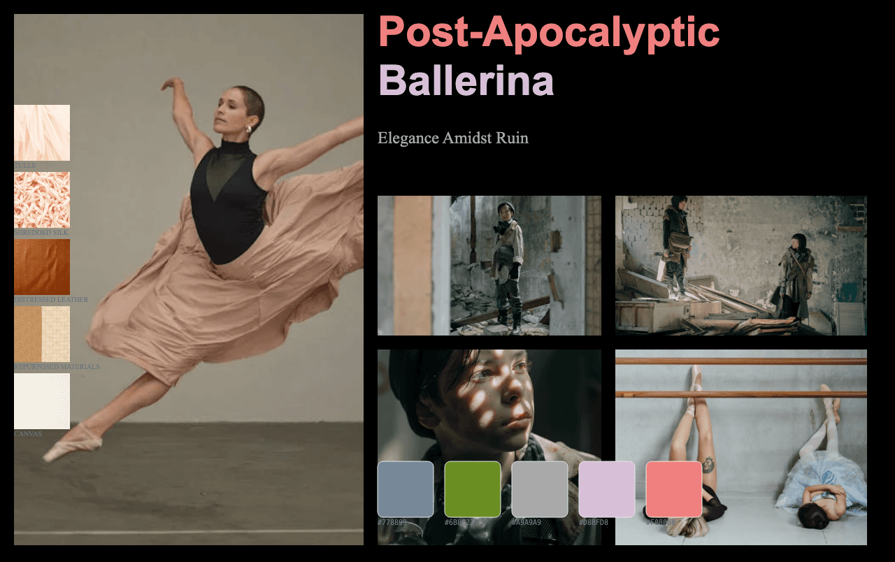 Complete Post-Apocalyptic Ballerina moodboard layout with reference images and color palette