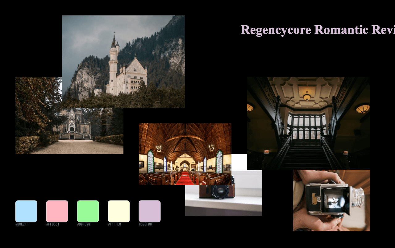 Complete Regencycore Romantic Revival moodboard layout with reference images and color palette