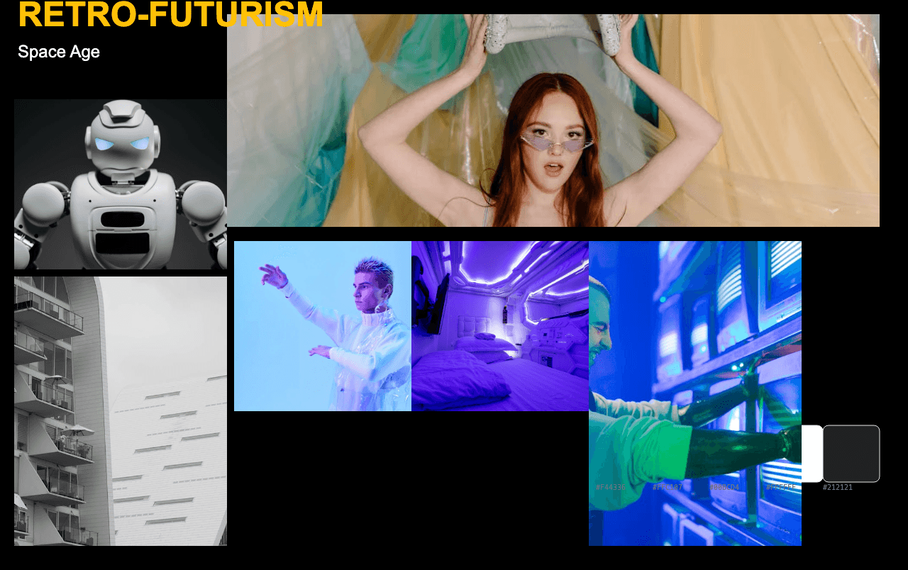 Complete Retro-Futurism Space Age moodboard layout with reference images and color palette