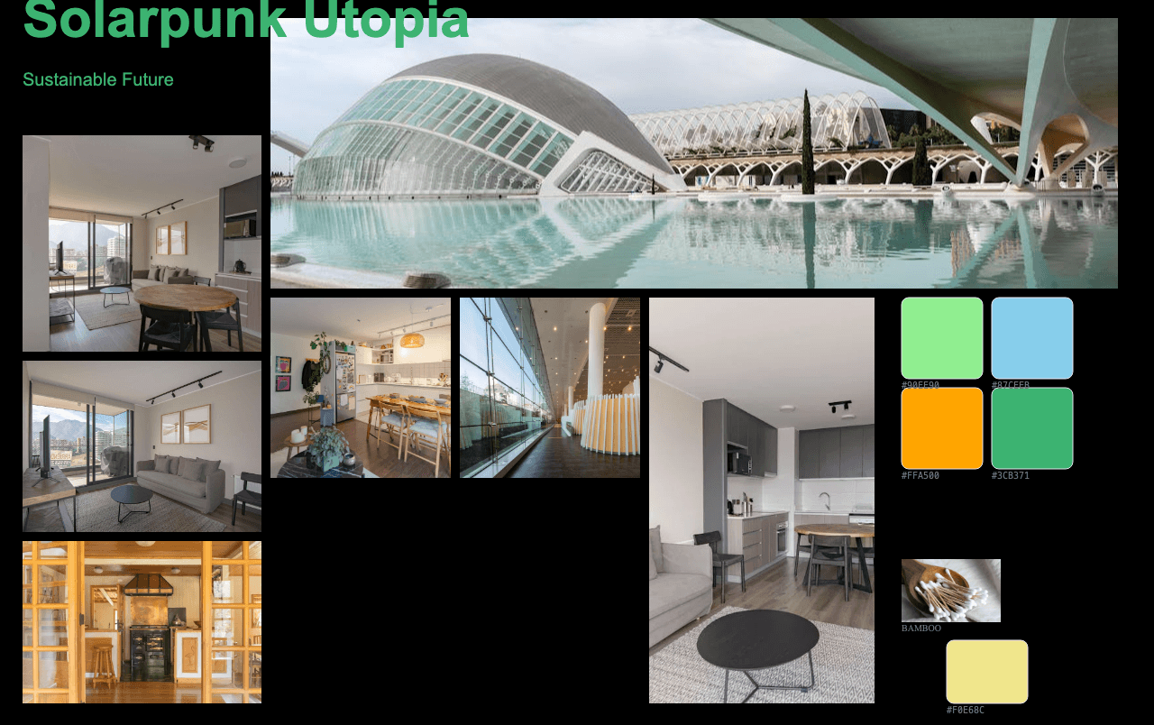 Complete Solarpunk Utopian Design moodboard layout with reference images and color palette