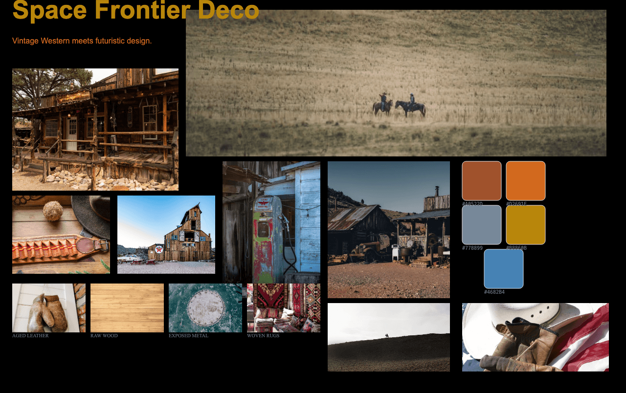 Complete Space Western Frontier Deco moodboard layout with reference images and color palette