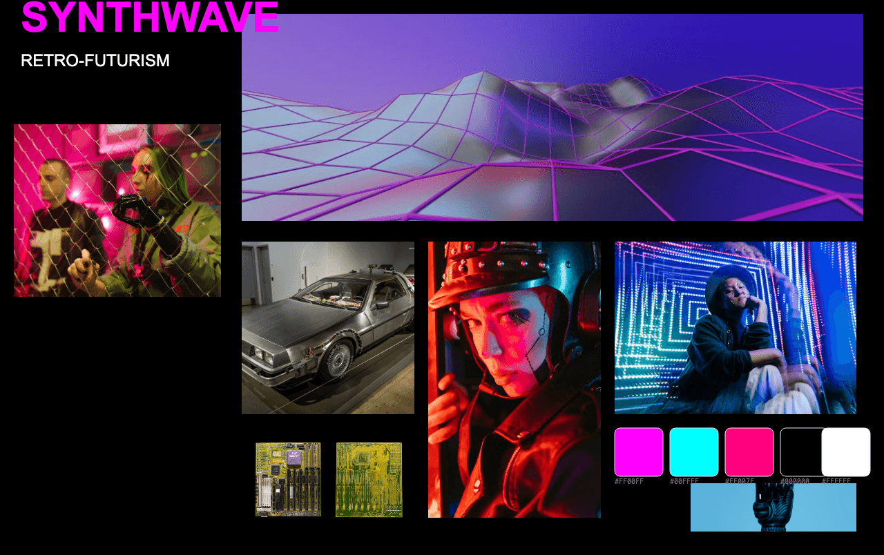 Complete Synthwave Retro-Futurism moodboard layout with reference images and color palette