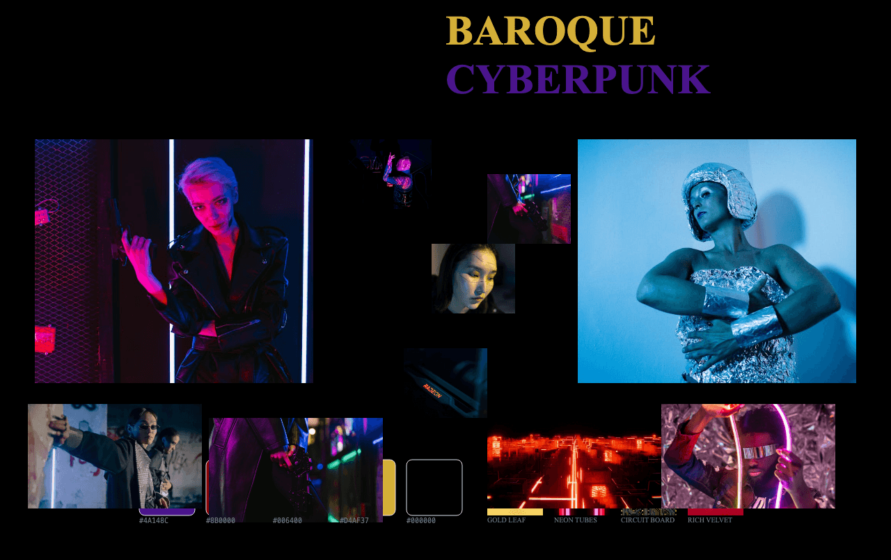 Complete Baroque Cyberpunk moodboard layout with reference images and color palette