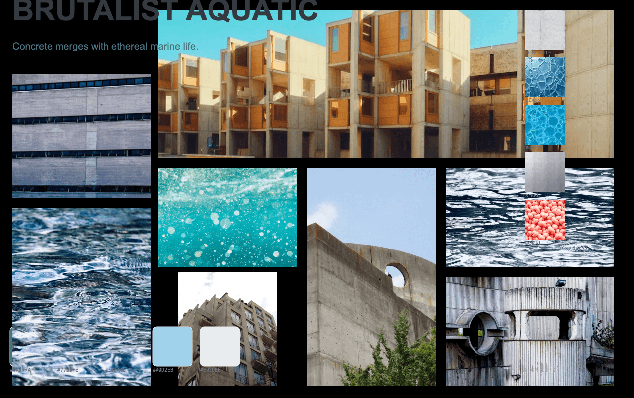 Complete Brutalist Aquatic moodboard layout with reference images and color palette