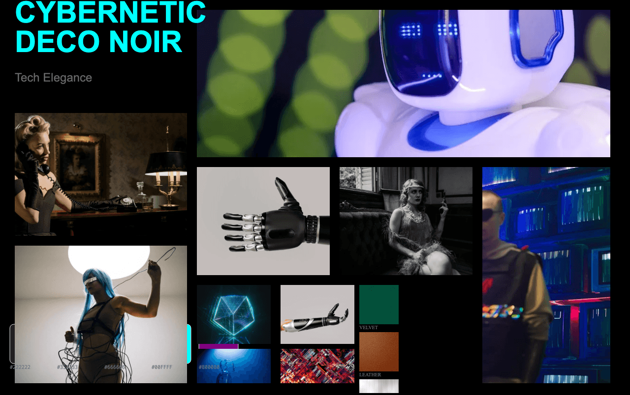 Complete Cybernetic Deco Noir moodboard layout with reference images and color palette