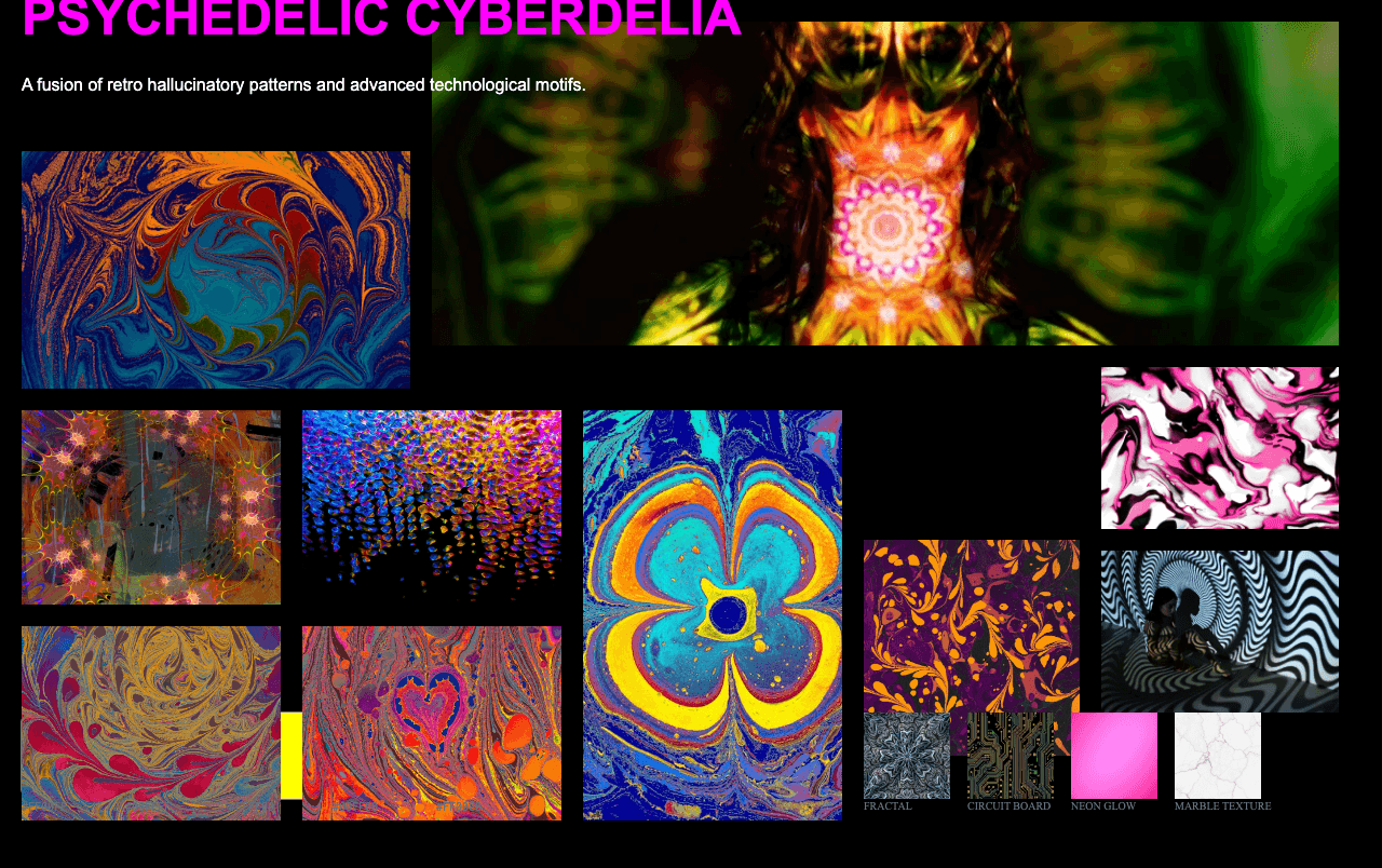 Complete Psychedelic Cyberdelia moodboard layout with reference images and color palette