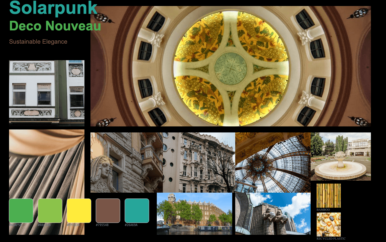 Complete Solarpunk Deco Nouveau moodboard layout with reference images and color palette
