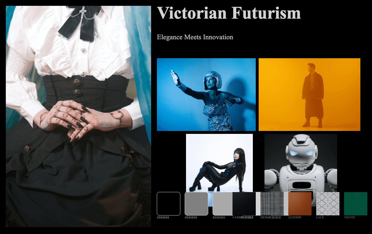 Complete Victorian Futurism moodboard layout with reference images and color palette