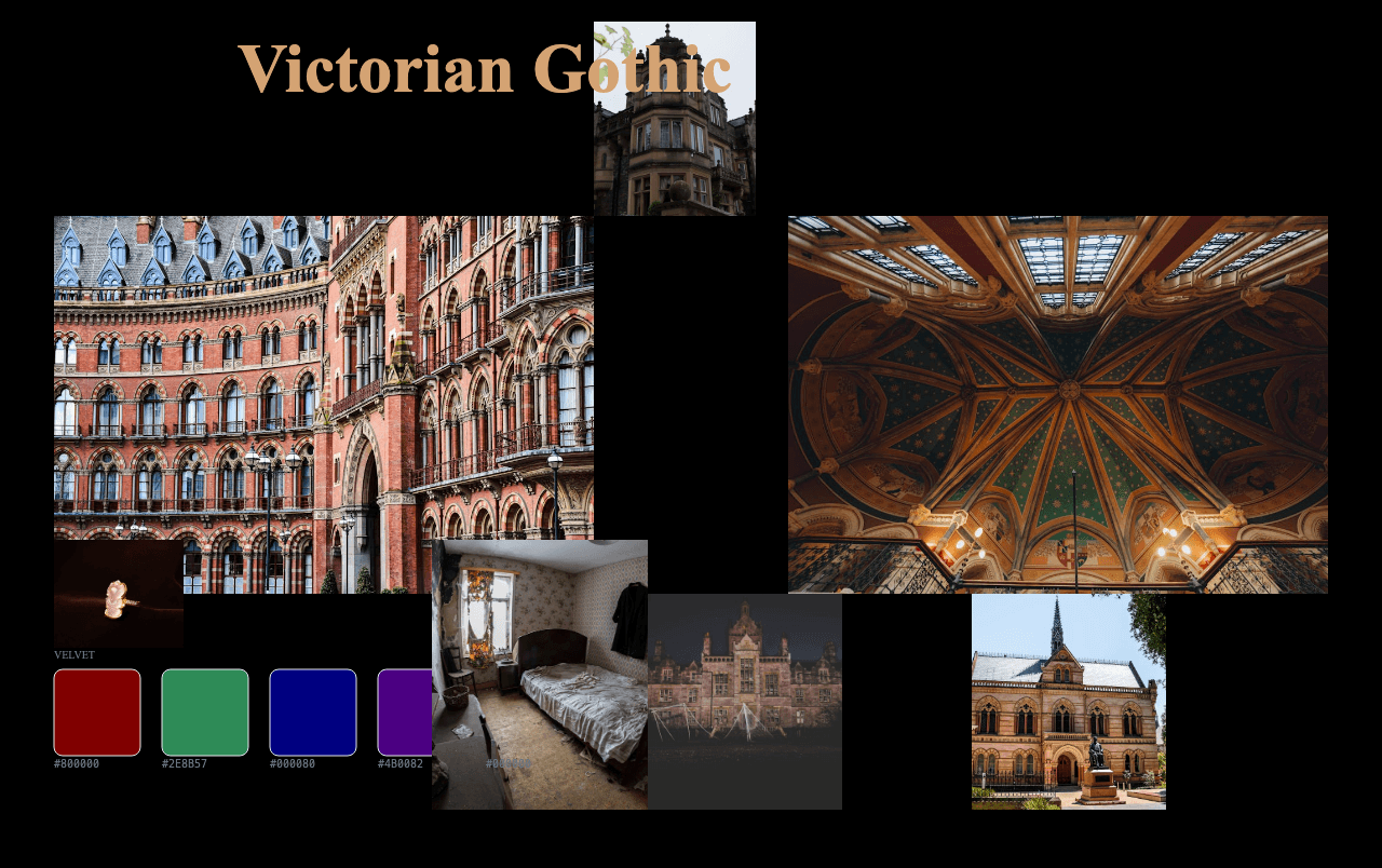 Complete Victorian Gothic Revival moodboard layout with reference images and color palette